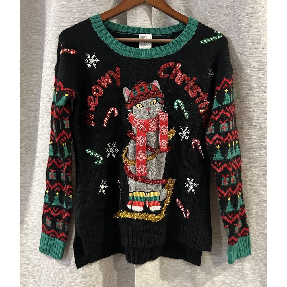 Meowy Christmas Cat Sweater Womens Size XS Festive Sequin Jingle Bells‎